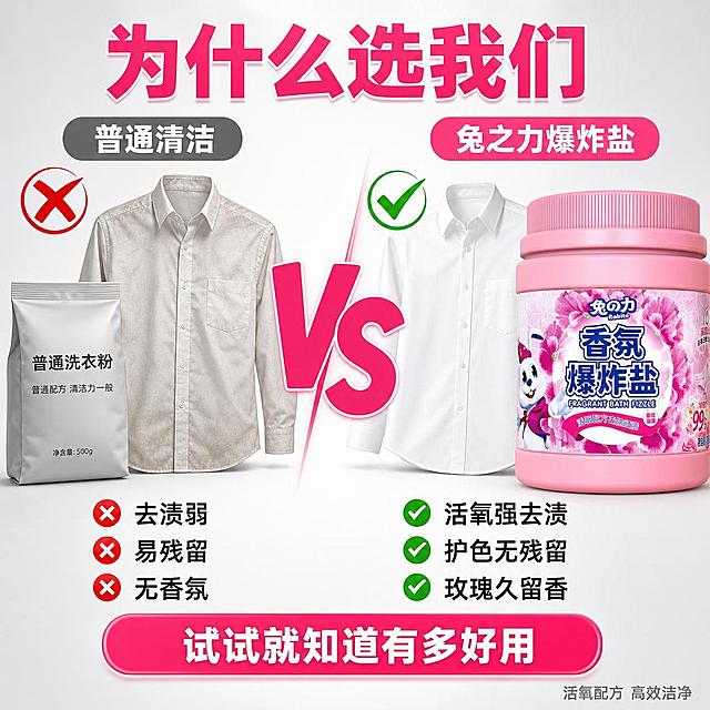 [主图-5] 爆炸盐性价比对比 竞品对比决策型 转化促进
[氛围风格] 直观对比 性价比突出 抖音强转化风
[画质] 高清商业图 对比清晰 视觉冲击力强 画面干净
[元素] 画面采用左右对比构图。左侧：普通洗衣粉/洗衣液的代表 一小袋灰色包装的洗衣粉 旁边放着一件洗后发灰发黄的白衬衫 上方有打叉符号 下方标注三个缺点：「去渍弱」「易残留」「无香氛」 每个前面有红色叉号。右侧：粉色兔之力香氛爆炸盐大罐产品 保持外观与输入图完全一致 占比约50% 旁边放着一件洁白发亮的白衬衫 上方有打勾符号 下方标注三个优点：「活氧强去渍」「护色无残留」「玫瑰久留香」 每个前面有绿色对勾。中间有一个大大的"VS"字样 粉色粗体 分隔左右两边。背景为浅灰到白色渐变 简洁干净。
[光影] 正面均匀柔光 左右两边光线一致 确保对比公平 产品和衣物都清晰明亮 立体感强
[配色] 主色调白+浅灰 辅助色柔粉+玫瑰红 强调色绿色（对勾）和红色（叉号） 对比强烈 视觉冲击力强
[视角构图] 正面平视 左右对称对比构图 中间VS分隔 视觉对比强烈 产品在右侧更突出 引导视线向右侧优质产品
[文字版式] 顶部居中超大标题"为什么选我们" 深粉色粗体字 非常醒目。中间"VS"字样 粉色超大号粗体 有描边。左右两侧顶部各有标签：左侧「普通清洁」 灰底白字；右侧「兔之力爆炸盐」 粉底白字。底部有一个粉色圆角按钮样式区域 写着"试试就知道有多好用" 白字居中 有引导点击感。右下角小字"活氧配方 高效洁净"
[输出要求] 1:1比例 文字清晰锐利 超高清商业摄影质感
[负向提示词] 变形 文字错乱 产品图模糊 背景杂乱 水印 电商平台Logo 多余的手 多余的手指 畸形手 融合手指 手部扭曲 肢体穿模 人物面部扭曲 关节反折