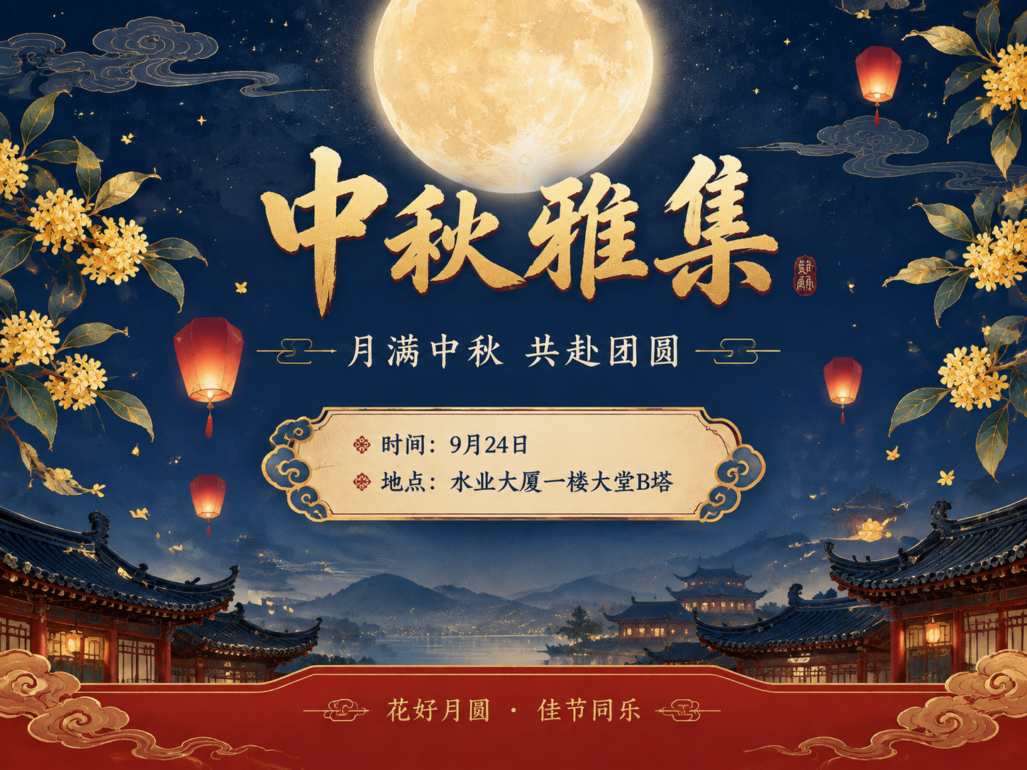 国风新中式工笔风格中秋活动海报，横版4:3比例。画面中央偏上位… - 图片创意预览
