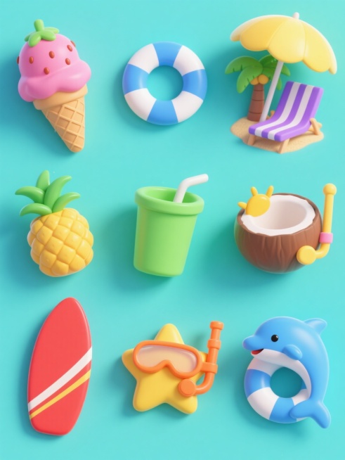 一套9个夏日主题3D立体图标，采用纯色背景，整体变换为清新的蓝绿色调，保持原有的可爱Q版风格和夏日氛围。图标内容包括：粉色草莓冰淇淋甜筒、蓝白条纹救生圈、紫色椰树沙滩躺椅场景、黄色太阳伞椰子杯、绿色菠萝水杯、橙色潜水镜、红色冲浪板、黄色星星沙滩玩具、蓝色海豚游泳圈，所有图标造型、角度完全不同，呈3x3网格规整排布，每个图标都有圆润的边缘和柔和的光影效果，色彩鲜亮明快。预览效果