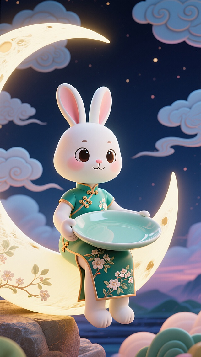 Q 版玉兔拟人（穿着绣有桂花纹的旗袍）坐在弯月上，手捧着巨大青瓷质感的圆形空盘伸向前方，目光看向镜头，正视，广角镜头，半身近景特写,背景是祥云夜空