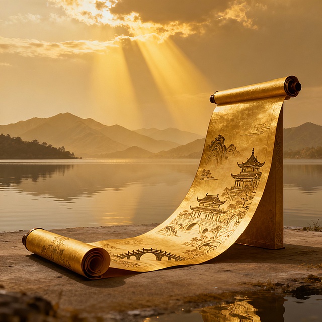 中国传统卷轴艺术画作，画面主体为一卷展开的金色古卷，古卷上精细描绘传统建筑和桥梁图案，古卷弯曲矗立在开阔的水域岸边，背景是连绵起伏的淡金色远山，天空中几道明亮的金色光束从云层中斜射而下照亮整个场景，营造出宁静、悠远且庄重的氛围，整体色调以温暖的金棕色为主，光影柔和，水面平静倒映着天空和远山的轮廓，画面构图开阔，层次分明，充满东方古典美学意境。