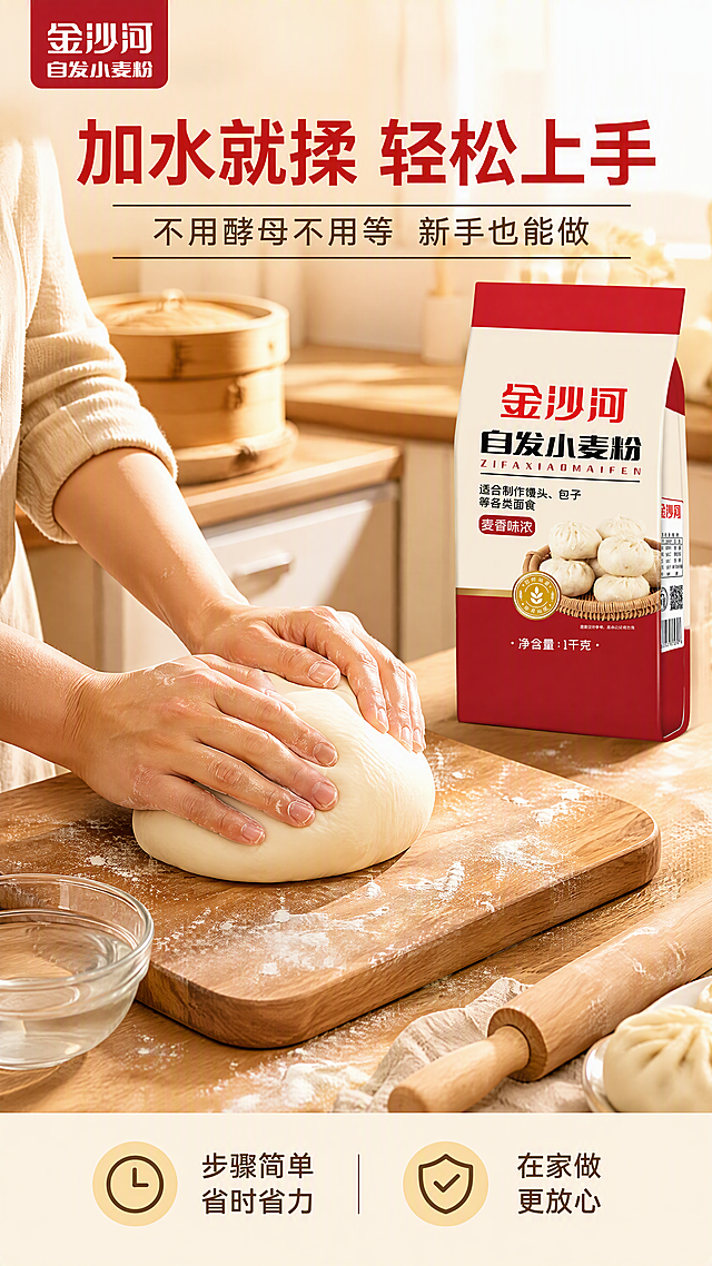 [第5张] 详情页手部操作展示-用金沙河自发小麦粉揉面做面食。本张使用【图1】作为商品主体同框展示。
[氛围/风格] 家常温馨风，厨房场景，真实手部操作，生活感强。
[元素布局] 画面中央为一双家庭主妇的手正在揉面团，面团光滑有弹性，放在木质案板上；案板旁边放着打开的金沙河自发小麦粉袋、小半碗清水、擀面杖；背景是虚化的厨房台面和蒸笼；面粉袋立在右侧，包装清晰可见，外观与输入图完全一致；手部动作自然真实。
[光影质感] 暖黄色厨房顶光，手部和面团有柔和光影，整体温馨有烟火气。
[配色色系] 全局底色 #FFF5E6 暖米黄；主色木色 #C49A6C、面团白 #FFFDF5；辅助色中国红 #C8102E、深棕 #5C3D1E。
[视角构图] 俯视偏45°角，手部揉面动作为视觉中心，阅读动线中心动作 → 上方标题 → 侧边产品。
[文字版式] 版式为顶部标题 + 中心手部操作场景 + 底部说明。主标题「加水就揉 轻松上手」，红色粗体；副标题「不用酵母不用等 新手也能做」；底部两行短句「步骤简单 省时省力」「在家做 更放心」；左上角小图标注「金沙河自发小麦粉」；字形温润黑体，字色深棕+红色标题。
[比例分辨率] 9:16 竖版比例，4K分辨率，文字清晰可辨，高清画质。
[负向提示词] 包装变形，手部畸形，水印，文字错乱，产品模糊，极限词。