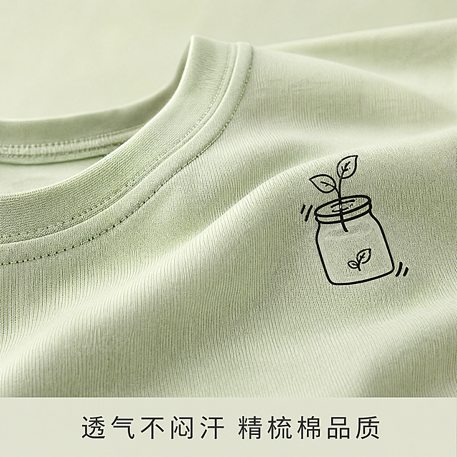 [主图-4] 浅绿色印花短袖T恤面料细节特写展示图；保持产品颜色（浅抹茶绿）和印花图案与输入产品图一致，杜绝变形和色差。[氛围风格] 简约质感风，突出面料品质；[画质] 商业微距摄影质感，细节清晰锐利，织物纹理真实，画面干净高级；画面主体为面料局部，占比约75%。[元素] 特写展示T恤精梳棉面料的纹理，领口走线做工，同时保留左胸的小罐子嫩芽印花完整展示；可以轻微拉扯布料展示弹力韧性，背景采用同色系浅绿模糊虚化，突出面料本身纹理质感。[光影] 柔光打在织物表面，突出棉纤维清晰纹理，质感蓬松，明暗层次自然；[配色] 统一浅抹茶绿色调，柔和干净；[视角构图] 俯视微距特写，构图饱满，纹理展示清晰；[文字版式] 底部浅底深字，横排文字“透气不闷汗 精梳棉品质”，字号适中，不遮挡纹理细节。[比例分辨率] 1:1比例，4k分辨率，文字清晰可辨，超高清。[负向提示词] 变形，水印，文字错乱，产品图模糊，背景杂乱，纹理模糊，不符合淘宝平台规范内容