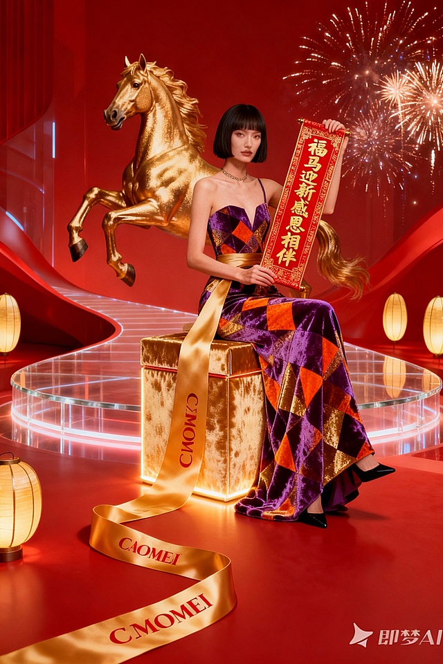 用户希望创作一张用于医美活动的时尚大片主视觉（KV）海报。本次需求在之前的基础上进行了更新和细化，核心要素更加明确，整体风格参考图２：

主体人物: 一位短发中分的女模特（参考图１），身着Armani高定礼服，礼服有紫色、橙色、金色交织的几何图案（参考图１）。
核心道具与场景:
模特坐在一个“金色的丝绒礼盒”上。
礼盒上的金色缎带需要“拖得长长的卷起来”，并且缎带上必须印有“ＣＯＭＥＩ”的红色字样。
模特手持一幅红色对联，上面必须有文字“福马迎新 感恩相伴”。
身后有一匹奔腾的金色骏马。
背景与氛围:
背景是“充满未来感的红色调奢华时尚曲面亚克力T台”。
T台两边装饰有“椭圆形的金色灯笼”。
空中有“腾空的烟花”。
风格与质感:
整体为时尚奢华美妆大片风格。
光影要求柔和，能突出丝绒等材质的光泽和纹理。
画质要求高清细腻，氛围优雅奢华且喜庆。
工具使用: 根据系统提示，我应当首先使用 “灵感搜索” 工具来搜索灵感。
任务规划
背景与氛围:
背景是未来感的红色调奢华空间。
点缀有椭圆形的金色灯笼和腾空的烟花。
风格与质感:
整体为时尚奢华美妆大片风格。
光影要求柔和，能突出丝绒等材质的光泽和纹理。
画质要求高清细腻，氛围优雅奢华且喜庆。
工具使用: 根据系统提示，我应当首先使用 “灵感搜索” 工具来搜索灵感。