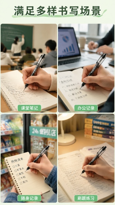 [第8屏] 多场景使用展示-拼图展示巨能写中性笔适配不同场景。本屏使用多格拼图展示不同使用场景。
[氛围/风格] 生活场景拼图风，丰富多元，让不同需求用户都能产生共鸣。
[元素布局] 四宫格拼图，每格预览效果