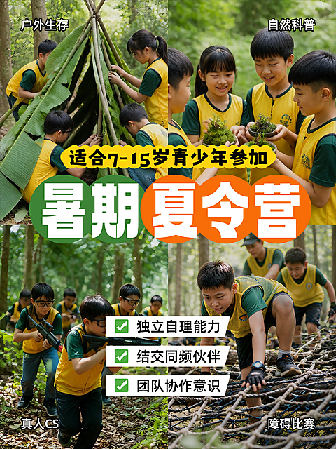 暑期夏令营兴趣班招生户外活动研学活动四宫格拼图小红书封面