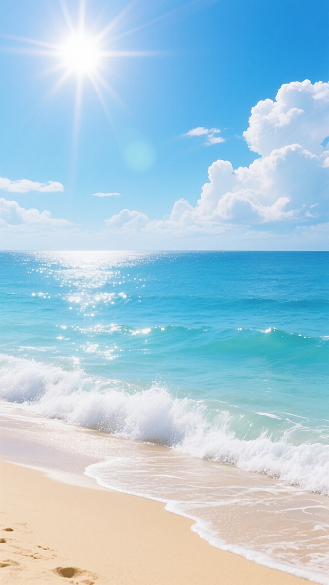 超写实风格海滩场景，细腻的金色沙滩占据画面下方三分之一，海水呈现从浅蓝到深蓝的渐变层次，白色浪花轻轻拍打岸边，波光粼粼的海面反射着耀眼阳光，晴朗的天空中飘着几朵蓬松的白云，左上角的太阳散发出柔和的光晕和光芒四射的效果，整体色调清新明亮，营造出宁静而充满活力的夏日氛围。