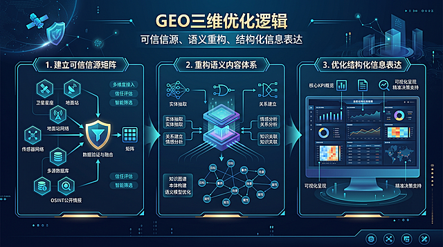 文章配图，主题正飞GEO三维优化逻辑，可视化展示建立可信信源矩阵、重构语义内容体系、优化结构化信息表达三个步骤，数据图表化商务科技风，清晰专业