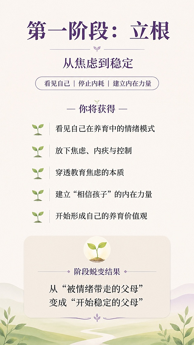 [第5屏] 点亮孩子·三个月父母深度蜕变营第一阶段「立根」解析页。本屏参考【图1】的风格设计。
[氛围/风格] 温暖平静，专业清晰，和整体课程风格统一
[元素布局] 顶部大标题，副标题标注阶段定位，然后分点列出你将获得的收获，每个收获点换行，左侧添加小芽图标点缀，底部展示阶段蜕变结果，整体排版舒展
[光影质感] 均匀柔和自然光，文字清晰，背景干净无干扰
[配色色系] 全局底色 #F3EFEA，主标题深紫，图标浅绿芽色，文字黑色，延续整体配色体系
[文字版式] 主标题「第一阶段：立根」，副标题「从焦虑到稳定」，关键词「看见自己｜停止内耗｜建立内在力量」，收获内容依次为：看见自己在养育中的情绪模式；放下焦虑、内疚与控制；穿透教育焦虑的本质；建立“相信孩子”的内在力量；开始形成自己的养育价值观。底部结果：从“被情绪带走的父母”，变成“开始稳定的父母”。标题层级分明，收获分点清晰，文字大小适中可读
[比例分辨率] 9:16 竖版比例，2K分辨率，文字清晰可辨，高清画质
[负向提示词] 文字错乱，文字过小，图标遮挡文字，变形，水印，颜色偏差