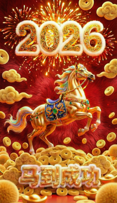 国潮风海报，暗红色祥云纹理层次立体感背景，巨大的“2026”数字，数字内部填充金色祥云纹理，带有焦散光泽效果，“2026”数字从中间断开，上面为“20”下方为“26”，上下左右对齐。中间位置有一个昂头预览效果