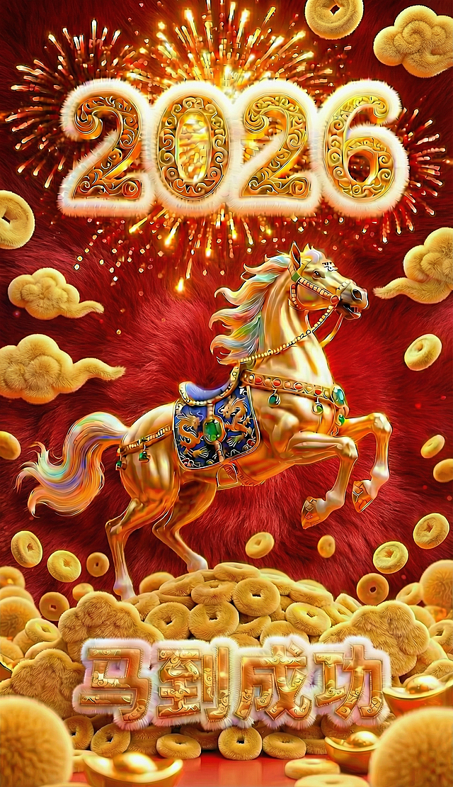 3D重拟物风金马踏云，鎏金浮雕质感，毛发生长细节，喜庆烟花环绕2026，金币堆叠，梦幻奢华，春节贺岁主题。
