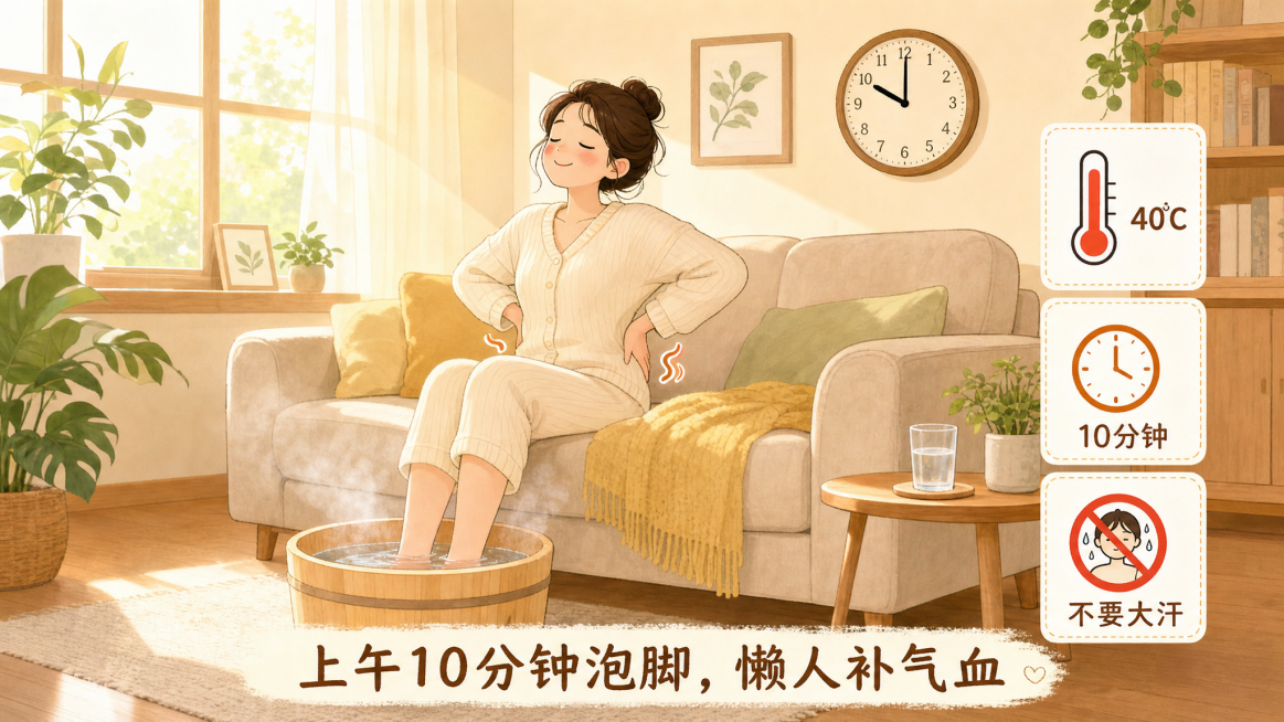 明亮温暖的居家场景，上午阳光从窗户照进来，时钟指针指向10点。一位年轻女性穿着家居服坐在沙发上，双脚泡在一个浅木色的足浴盆里，水面没过脚踝，冒着微微热气。她的双手正在搓动，小弧线表示发热，然后双手轻搓预览效果