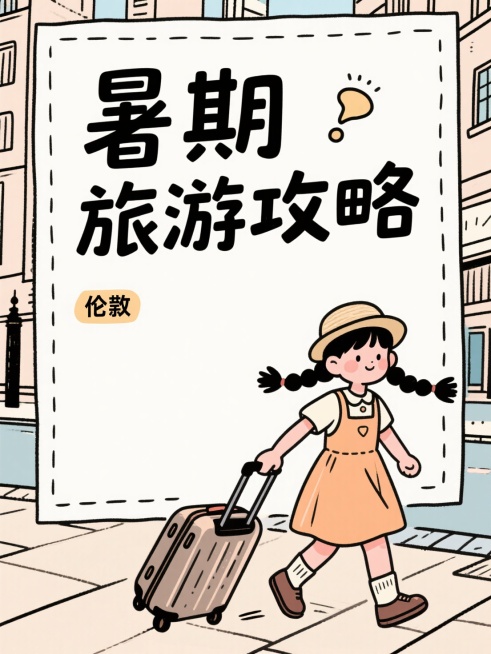 线条艺术，粗犷的线条，大字报标题“暑期旅游攻略”，一个戴帽子、双马尾辫的可爱女孩拉着行李箱走在伦敦街道。整个现场洋溢着温馨舒适的氛围。预览效果