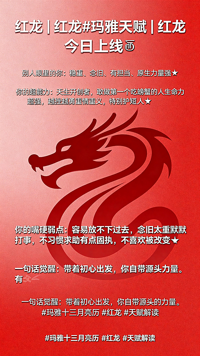 玛雅天赋红龙主题海报，红色为主色调，搭配龙形元素，包含文案："红龙｜红龙#玛雅天赋｜红龙 今日上线🐉 别人眼里的你：稳重、念旧、有担当、原生力量强🌟 你的超能力：天生开创者，敢做第一个吃螃蟹的人生命力超强，越挫越勇重情重义，特别护短护家人💥 你的嘴硬弱点：容易放不下过去，念旧太重默默扛事，不习惯求助有点固执，不喜欢被改变💡 一句话觉醒：带着初心出发，你自带源头的力量。#玛雅十三月亮历 #红龙 #天赋解读"，简约高级的新媒体海报风格