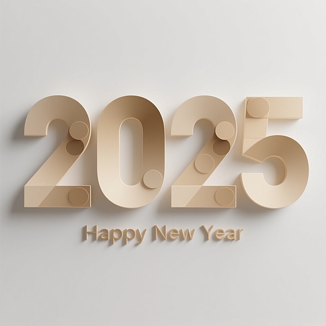 极简风格2025新年素材设计，由四个主视觉数字符号组成，采用柔和的米金色渐变填充，每个数字都融合了几何圆形与立体切割面元素，形成简约而富有现代感的立体造型，整体排列于纯白色背景上，下方居中位置配有纤细的"Happy New Year"英文文字，字体为无衬线体，颜色与数字保持一致的米金色，整体设计注重留白与视觉平衡，呈现出优雅、简洁且具有高级感的节日氛围，适合作为新年主题的装饰素材使用。