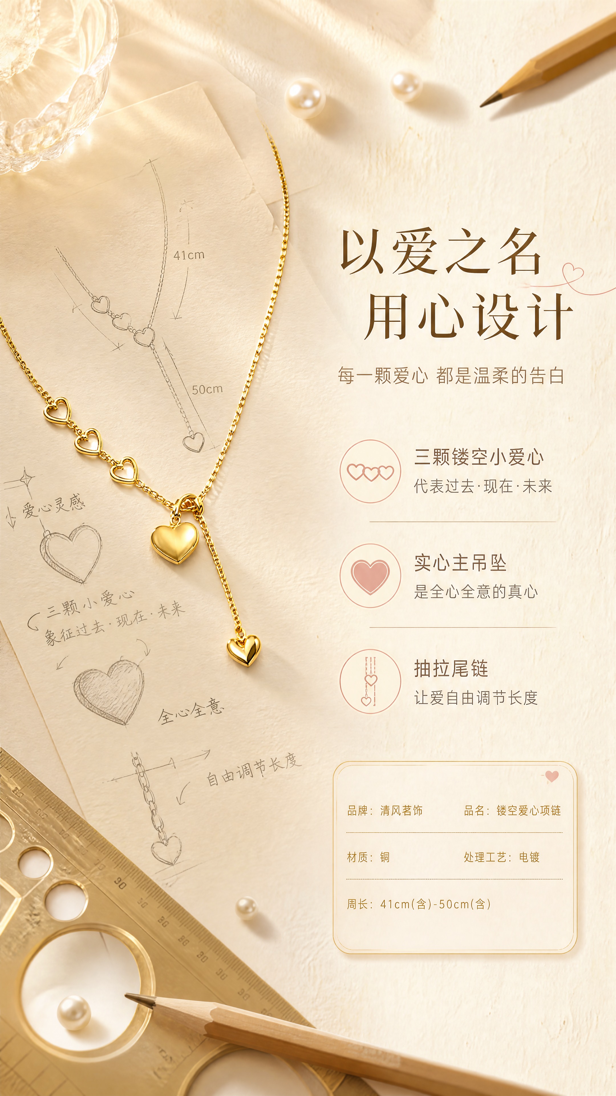 [商品] 使用【图1】清风茗饰镂空爱心项链；保留金色电镀质感、… - 图片创意预览
