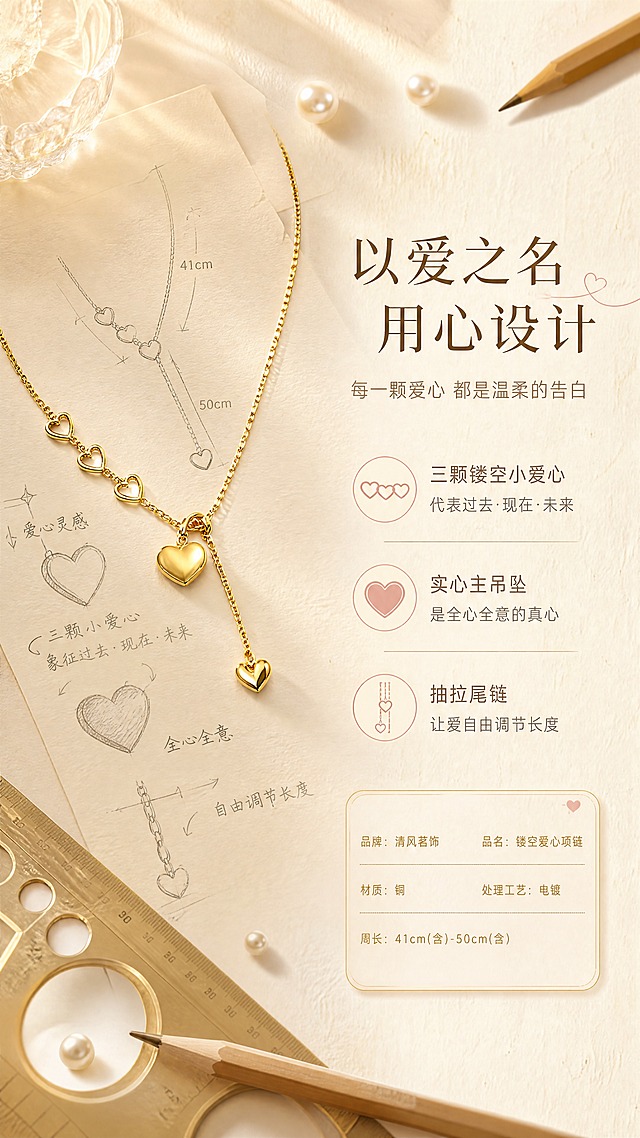 [商品] 使用【图1】清风茗饰镂空爱心项链；保留金色电镀质感、爱心吊坠与抽拉尾链完整结构；项链以优雅弧度陈列于画面中，作为设计理念的视觉载体。
[画面] 设计故事，工艺故事型。左半部分为项链优雅陈列在设计手稿上，手稿上有爱心元素的草图与尺寸标注；右半部分为文案区域；背景为米白色纸张质感，散落着铅笔、珠宝设计尺、小颗珍珠作为道具；≥3层环境元素，营造设计师工作室氛围，传递爱心设计的情感寓意。
[视觉] 套系策略：风格=轻奢温柔高级商业摄影；标题字=纤细优雅宋体衬线粗体；正文字=简洁无衬线细体；主色=香槟金+奶油米白；背景延展=基于米白纸纹做深浅层次与暖光；强调色=玫瑰粉金，仅用于小面积图标、引线和标签；标题色=深暖棕金；正文色=中暖灰；组件=圆角浅金信息卡、细金线引线；光影=左上方自然光感柔光，纸张纹理清晰，金属质感温润。
[文字] 画面右侧横向排版，主标题"以爱之名 用心设计"，副标题"每一颗爱心 都是温柔的告白"，下方3段设计理念：「三颗镂空小爱心 代表过去·现在·未来」「实心主吊坠 是全心全意的真心」「抽拉尾链 让爱自由调节长度」；文字全部横向排版，不遮挡项链主体。
[规格] 图片比例9:16竖版，4K，避免变形、错字、文字过小、冷蓝背景、颜色改变、结构失真、设计稿元素杂乱。
