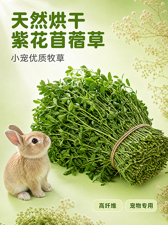 [主图-1] 首图产品大主体+宠物情绪焦点。
[氛围风格]清新自然萌宠亲和风格
[画质]商业摄影质感、光线柔和通透、产品清晰真实、画面干净高级
[元素]一捆紫花苜蓿草居中饱满摆放，一只可爱浅棕色小兔子在草捆左前方作为情绪焦点，紫花苜蓿草颜色翠绿自然，小兔子蓬松毛发层次清晰。画面右侧点缀浅色干花装饰，保持紫花苜蓿草外观、物理结构、材质质感、颜色与输入产品图绝对一致，杜绝任何变形和色差，精细化处理。商品主体占比严格控制在 65%左右，画面满屏无边框，保留左上负空间放文案。
[光影]自然模拟窗光，主光从左上照射，苜蓿草翠绿纹理清晰，小兔子毛发柔和有层次，背景浅绿渐变明亮通透，高光不溢，暗部有层次。
[配色]主色调浅薄荷绿，文字使用深绿色与灰色，形成自然清新对比。
[视角构图]平视视角，产品和兔子为视觉中心，景深适中，轮廓完整不裁切。
[文字版式]左上负空间左对齐留安全边距，大标题文字"天然烘干紫花苜蓿草"绿色最大粗体圆润字体，副标题"小宠优质牧草"灰色第二大字体；画面右下角两个圆角浅绿色标签，分别写"高纤维"和"宠物专用"，文字深绿色清晰可读。文字不遮挡主体，大小对比清晰。
[输出要求] 3:4 比例，文字清晰可辨，超高清商业摄影质感
[负向提示词]变形，文字错乱，产品图模糊，背景杂乱，水印，电商平台Logo