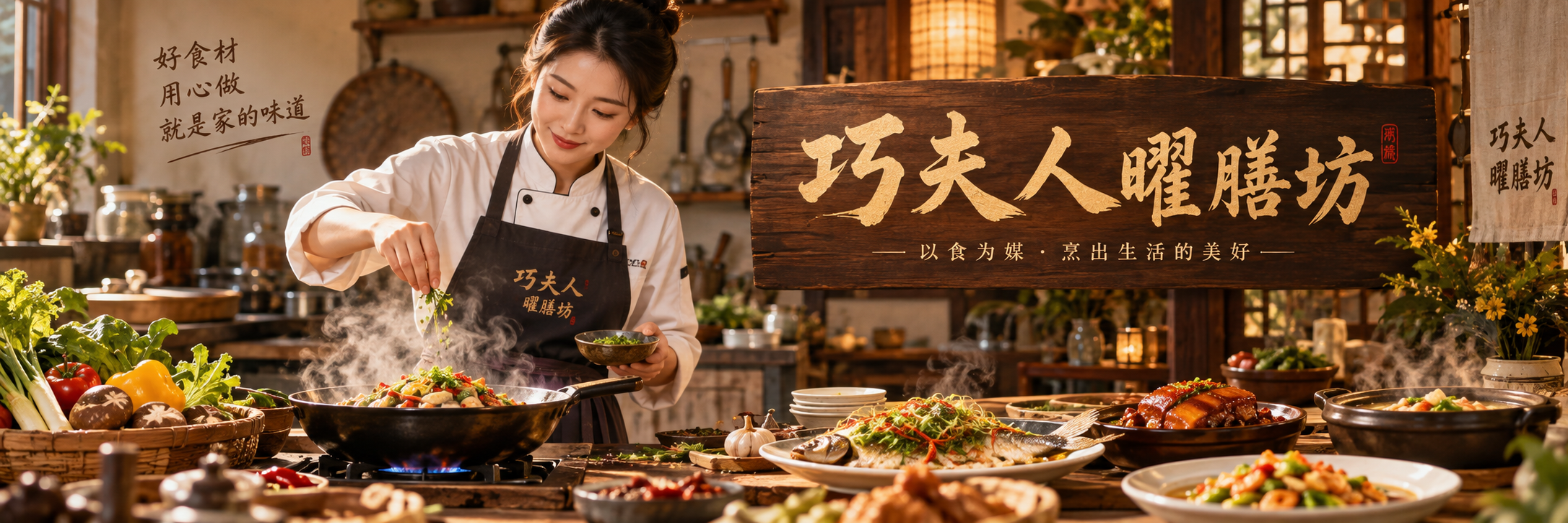 餐饮品牌海报设计，店名"巧夫人曜膳坊"，写实写真风格，画面主体… - 图片创意预览
