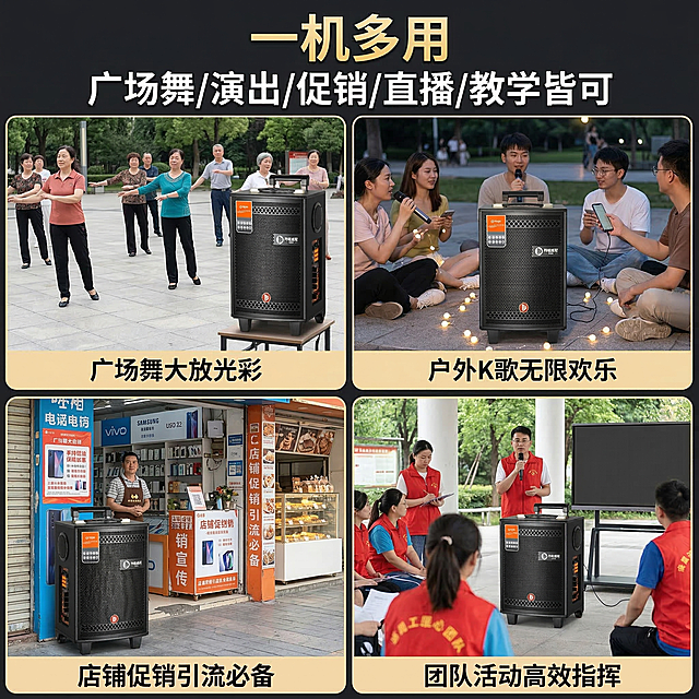 四宫格拼图展示广场舞、户外K歌、店铺宣传、团队活动四个不同应用场景，每个场景都包含广场舞音响产品，使用用户提供的原产品图，文案为"一机多用" "广场舞/演出/促销/直播/教学皆可"，文案悬浮在图片上方，排版清晰，拓宽使用场景，电商主图风格