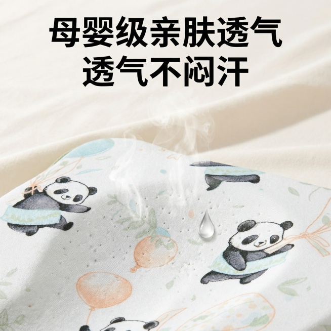 婴儿定型枕商品主图，展示产品母婴级亲肤透气面料，突出透气不闷汗卖点，简约风格，适配淘宝天猫平台，浅色调干净背景，产品特写预览效果