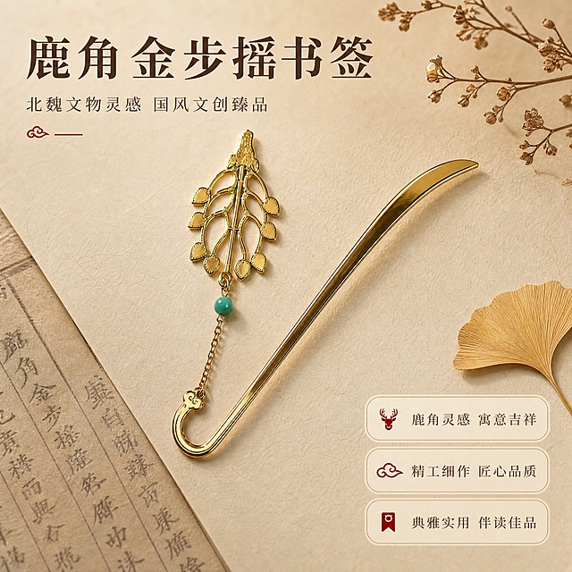 [主图-1] 产品身份首图，展示鹿角金步摇冠饰金属书签主体全貌与国风文创气质，第一购买理由为北魏文物灵感设计。
[统一基调] 整体风格=国风雅致写实商业摄影；背景主色=浅米金；标题字色=深棕金；辅助字色=暖棕灰；强调色=朱砂红；字体样式=宋体衬线粗体；卡片/边框样式=细金色圆角边框、浅底信息卡。
[画面] 书签斜向放置于画面中央偏左，金色金属弯钩书签杆、镂空鹿头鹿角花树吊饰、绿松石圆珠吊坠、祥云纹挂钩完整展示；背景为浅米仿古宣纸质感，右上角点缀干枯花枝与一片银杏叶，左下角放一张半露的古籍书页；产品占画面60%，俯视45°拍摄，前中后景层次分明。
[光影质感] 左前侧暖柔自然光，金属表面有细腻高光与柔和反光，书签底部有自然接触阴影，整体光影柔和有层次，金属质感真实细腻。
[配色] 主色浅米金，背景做同色系深浅渐变与宣纸纹理延展；强调色朱砂红仅用于小面积图标和标签点缀；产品金色与绿松石蓝绿色形成视觉焦点。
[文字版式] 左上角放主标题「鹿角金步摇书签」，下方副标题「北魏文物灵感 国风文创臻品」；右下角放三个圆角浅底卖点卡，分别是「鹿角灵感 寓意吉祥」「精工细作 匠心品质」「典雅实用 伴读佳品」；文字横排，不遮挡产品主体。
[输出要求] 1:1正方形800×800px，2K分辨率，文字清晰可读，产品清晰锐利；避免变形、错字、模糊、杂乱、水印、平台Logo、冷蓝背景、产品结构失真。