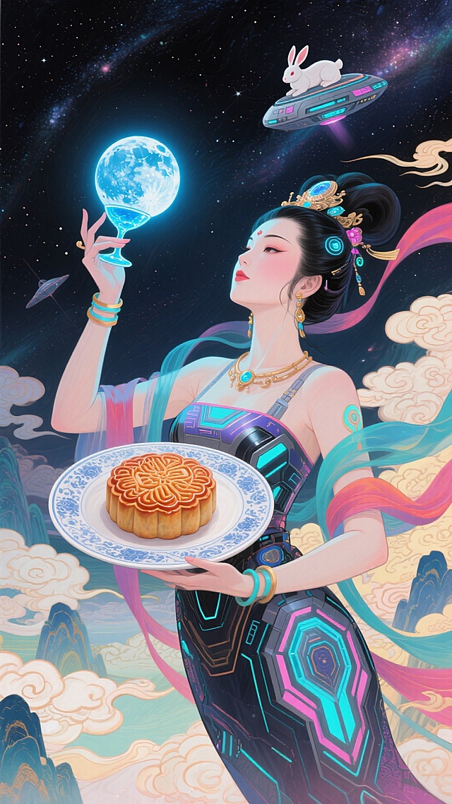 赛博朋克风与国潮元素融合，嫦娥身着霓虹科技长裙，手持发光月球酒杯与传统月饼，背景星空云海中飞碟载玉兔，未来感与中式梦幻交织，呈现中秋佳节的虚拟现实奇景。