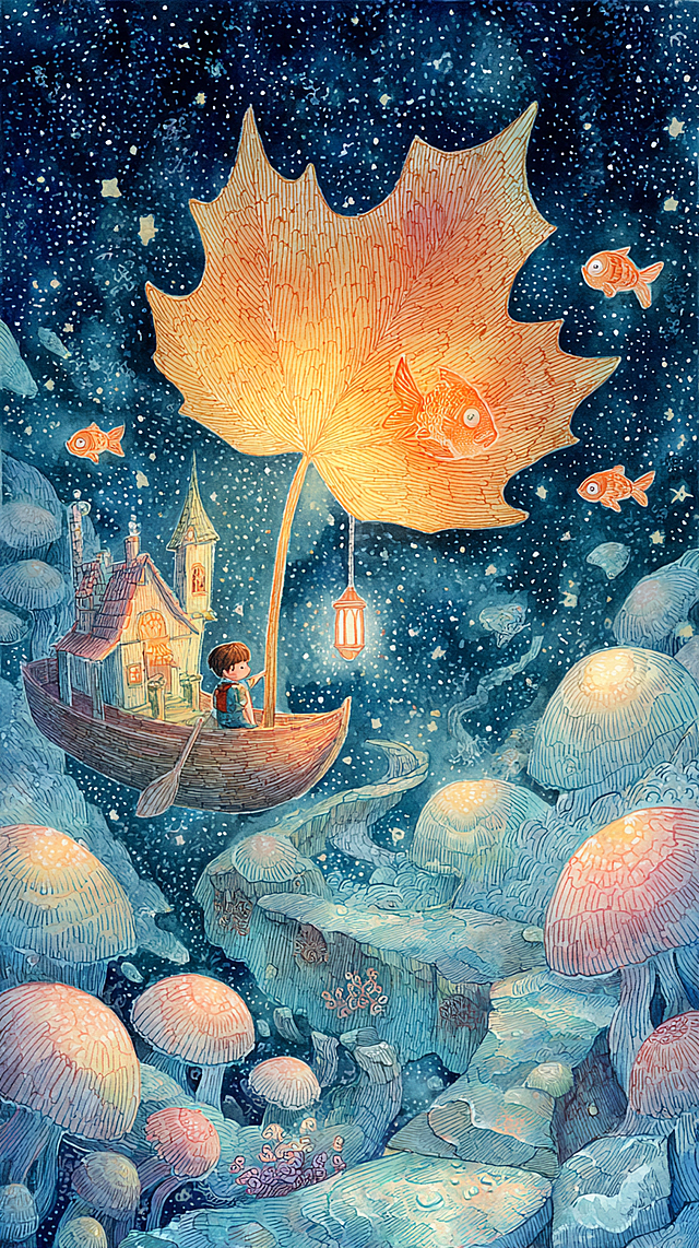 A whimsical children's book illustration, Studio Ghibli style, in gentle watercolor and colored pencil textures. A little child sails a giant maple leaf boat on a sea of glowing, translucent jellyfish under a starry night sky. The boat's lantern holds a small, warm orange goldfish. A winding path of glowing bioluminescent fish leads the way to a distant candy-colored island with cozy cottage. The scene is filled with a sense of safe adventure, wonder, and homecoming. Soft, dreamy lighting, pastel color palette, highly detailed, charming and heartwarming.