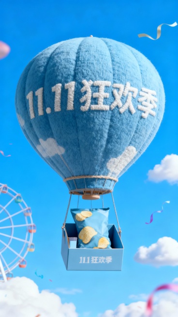 一个带有主体配色的大型热气球，吊篮为礼盒样式，礼盒里放着图中所有物品，气球上绣着“11.11 狂欢季”，背景展示高饱和蓝天、摩天轮、云朵、彩带等元素，营造出活泼、精致的氛围。预览效果