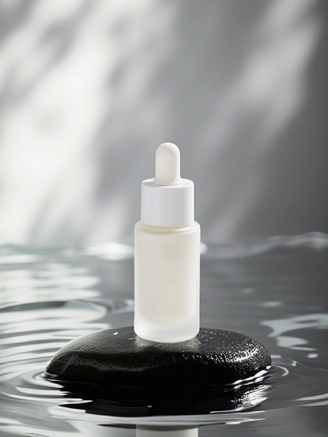 产品放置在在黑色太湖石上面，底部是波光粼粼的水面，背景是银色，极简主义，景深