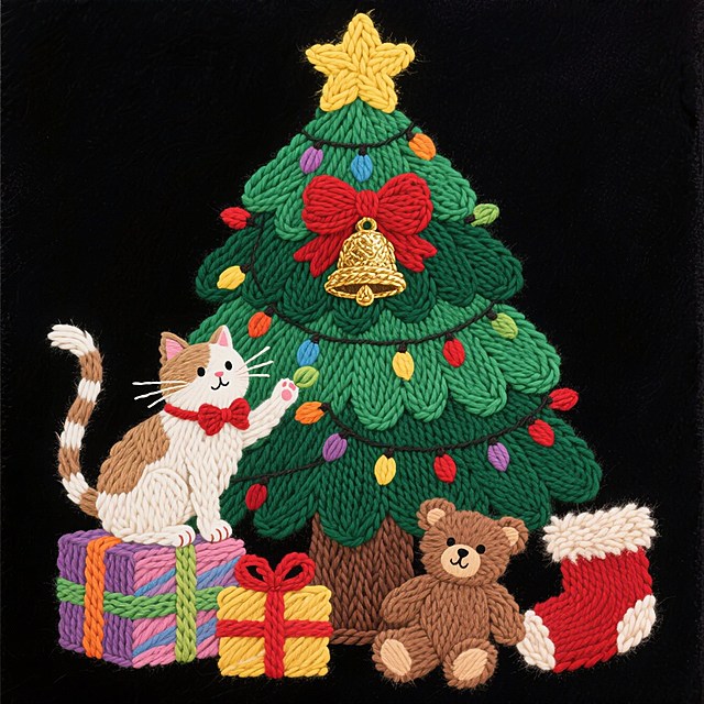主体绿色圣诞树（顶部饰黄色星星，树身装饰彩色彩灯、红色蝴蝶结、金色铃铛）周边分布元素：猫咪（立于礼物盒上，前爪触碰彩灯）、多色包装的礼物盒、系红色领结的棕色泰迪熊、带毛绒边的红色圣诞袜。黑色背景