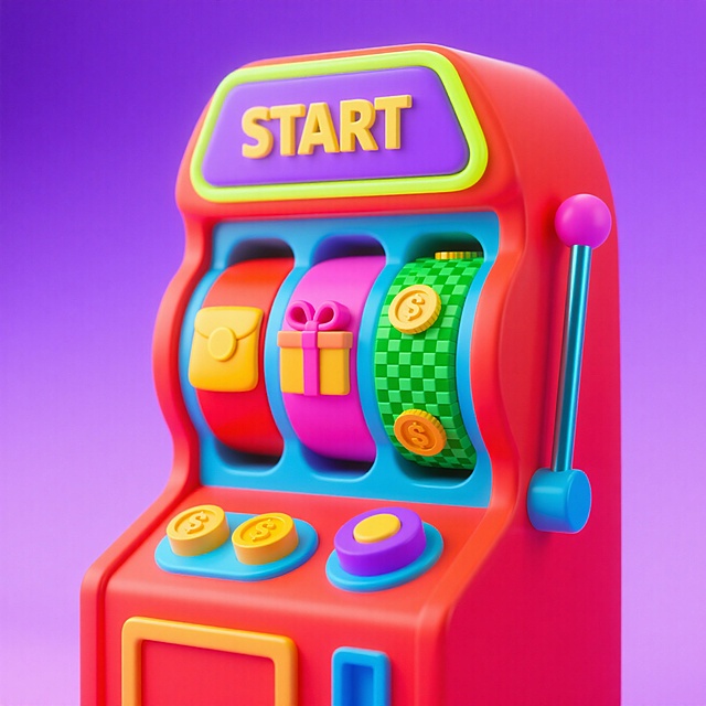 软3D风格的卡通老虎机，色彩鲜艳，充满可爱感与梦幻感，采用轻拟物设计，塑料质感强烈，节日氛围浓厚。
