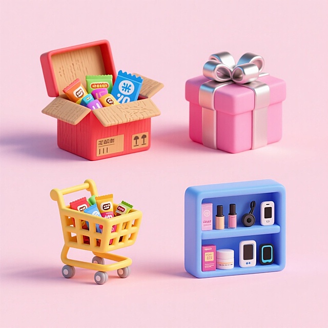 软3D风格微缩艺术，粉色背景衬托可爱梦幻的购物场景，塑料质感与清新色彩交织，传递双11节日礼遇氛围。