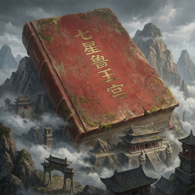 画面主体是一本巨大的红色封面的中国古代书籍，它是斜躺着的，在它的四周有山脉，中国古墓建筑等体现它的巨大，书籍的四周云雾缭绕，体现书籍的巨大，书皮比较陈旧，盗墓游戏宣传的风格，书籍的封面写着“七星鲁王宫预览效果