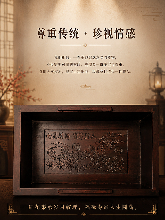 [商品] 使用【图9】福禄寿红花梨实木骨灰盒内部雕刻图；保留内部"七星引路 福泽后人"雕刻文字、古钱币云纹图案、深棕木色内部结构；商品处理：保留产品原貌与内部雕刻文字内容，增强内部雕刻纹饰的层次感。
[画面] 品牌态度收尾页，目标升华品牌理念与情感价值。产品内部视角位于画面下方，占画面约40%，展示内部精美雕刻。上方大面积留白放置品牌态度文案。背景为暖米棕中式场景，背景虚化花格窗、梅花枝、烛台，暖光柔和，整体氛围庄重而有温度。
[视觉] 套系策略：风格=东方新中式庄重商业摄影；标题字=宋体衬线粗体（传统典雅）；正文字=简洁宋体；主色=深棕红木色；背景延展=基于暖米棕做深浅层级、同色渐变和宣纸/木纹质感；强调色=暗金色，仅用于小面积装饰线、分隔符和标题点缀；标题色=深棕近黑；正文色=暖棕灰；组件=细线分隔、传统纹样装饰角、古朴信息卡；光影=柔和暖光从上方投射，内部雕刻细节清晰可见。
[文字] 画面上方居中主标题「尊重传统 · 珍视情感」；下方正文：我们相信，一件承载纪念意义的器物，不仅需要可靠的材质，更需要一份庄重与尊重。选用天然实木，注重工艺细节，以诚意打造每一件作品。底部收尾语：红花梨承岁月纹理，福禄寿寄人生圆满。全部横排排版，文字居中对齐，营造庄重收尾感。
[规格] 图片比例3:4竖版，4K分辨率，quality=medium。避免变形、错字、文字过小、冷蓝/冷灰背景、内部雕刻文字改变、氛围轻浮。