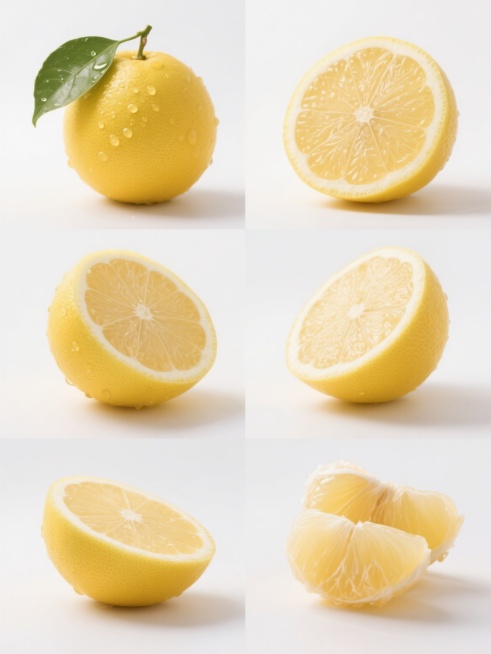 6个不同形态的柚子（包含完整带叶柚子、对半切开柚子、柚子果肉瓣等）以规整网格排布，保持超写实摄影风格，主体呈现饱满鲜亮的黄色果皮与淡黄色果肉，表面富有自然纹理与光泽感，带有晶莹水珠细节，光影层次分明，采用纯白色纯色背景，整体造型简约现代，无任何文字、logo及水印。预览效果