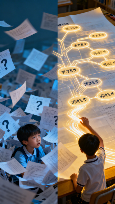 对比构图，分左右两部分。左边：一个孩子被大量漂浮的模糊试卷、问号包围，显得不知所措。右边：同一孩子面前展开一张巨大的、发光半透明的策略导图，图形如树状图或流程图，节点上标有“听力五步”“阅读三步”等字预览效果