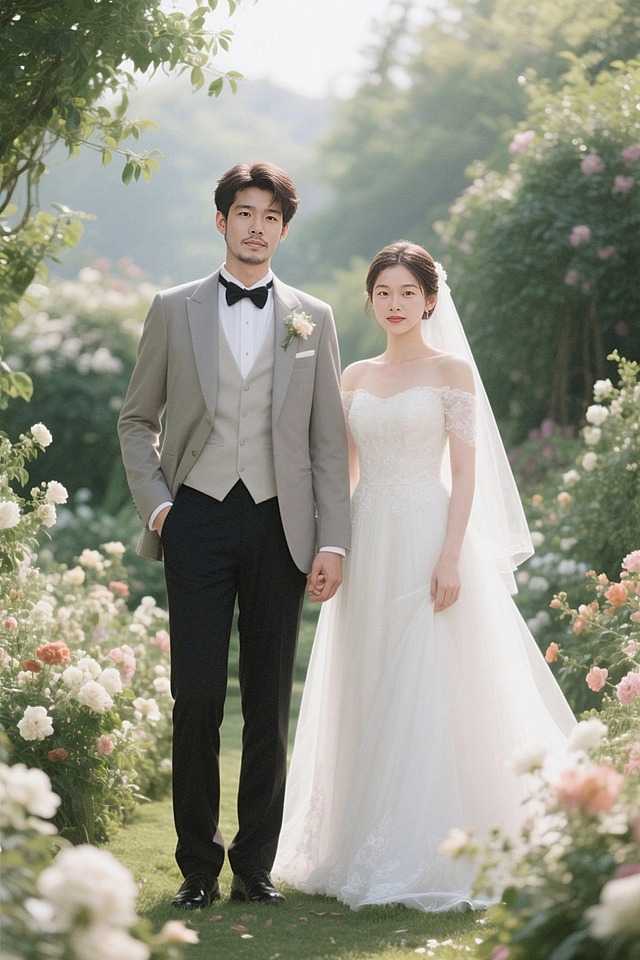 婚纱照拍摄，一对20岁新娘新郎，浪漫花园背景，全身拍摄，超写实，高清拍摄