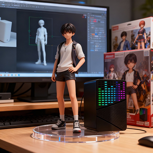 科技感与未来感交织的3D动漫风手办，重拟物设计搭配霓虹灯效，塑料质感细腻，展现数字时代潮流美学。