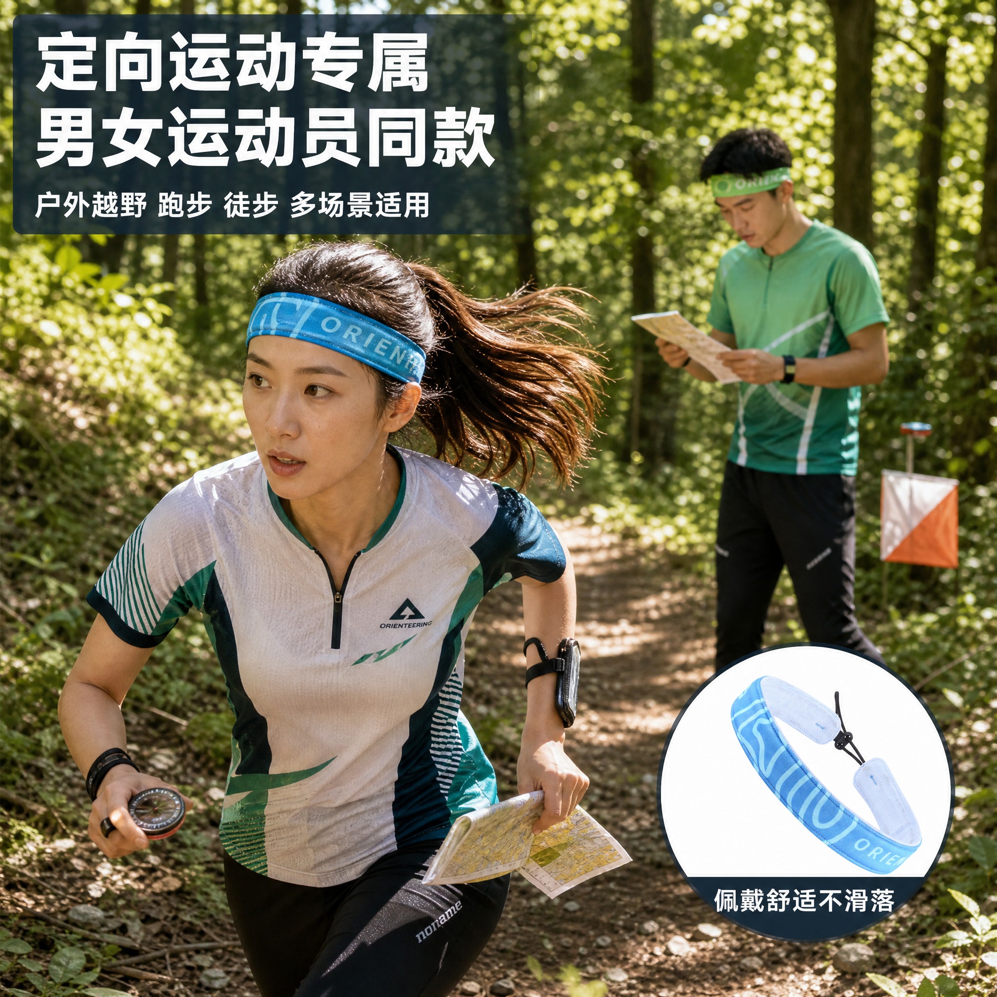 [主图-3] 户外定向运动使用场景图，展示男女运动员在户外定向… - 图片创意预览