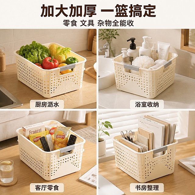 [主图-4] 收纳篮多场景适用方案宫格图
[氛围风格] 温暖家居生活感 整洁有序 全屋收纳解决方案
[画质] 商业摄影质感 光线柔和通透 产品清晰真实 画面干净高级 超高清细节
[元素] 画面分四个宫格展示收纳篮在不同家居场景的使用方式，每个场景中的收纳篮保持原产品外观一致：米白色镂空篮身、灰色防滑把手、圆孔设计。左上宫格：厨房场景，收纳篮放在台面上，装着蔬菜水果，展示可沥水功能，篮底有水滴效果。右上宫格：浴室场景，收纳篮放在洗手台旁，装着洗浴用品和毛巾。左下宫格：客厅茶几场景，收纳篮装着零食和遥控器。右下宫格：书房桌面场景，收纳篮装着文件和文具。四个场景均为温暖家居风格，自然光照明。收纳篮物理结构、材质质感、颜色与输入产品图完全一致，杜绝任何变形和色差。
[光影] 每个宫格内均为柔和自然光，主光从侧上方来，底部有自然投影，整体光影统一温暖。
[配色] 主色暖白米色系；辅色原木色、浅灰；强调色深棕文字。
[视角构图] 2x2宫格布局，四个场景均等分布，每个宫格内产品视角略有不同，避免重复。宫格间有细浅色分隔线。
[文字版式] 顶部居中主标题"加大加厚 一篮搞定"深棕色粗体无衬线最大号，副标题"零食 文具 杂物全能收"稍小字号。每个宫格下方有小标签标注场景："厨房沥水""浴室收纳""客厅零食""书房整理"，深棕色中等字号。文字清晰可读。
[输出要求] 1:1比例 2048*2048像素 文字清晰锐利 超高清商业摄影质感
[负向提示词] 变形 文字错乱 产品图模糊 背景杂乱 水印 电商平台Logo 多余的手 多余的手指 畸形手 融合手指 手部扭曲 肢体穿模 人物面部扭曲 关节反折