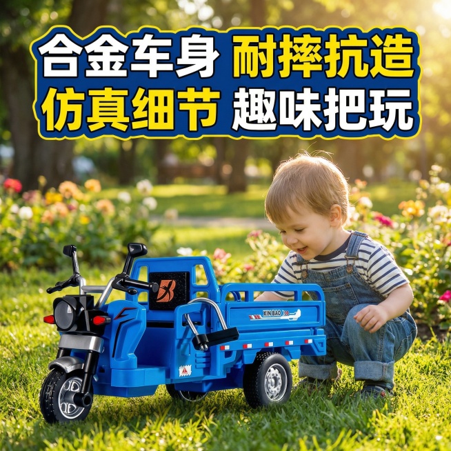 增加公园场景，一个小朋友在玩三轮车玩具，三轮车玩具尺寸是15*5.8*7.5cm,注意小朋友和玩具三轮车的比例，添加电商卖点预览效果