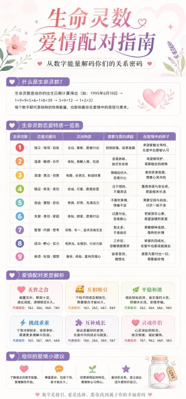 这是一张精美的知识内容长图，主题为"生命灵数爱情配对指南"，副标题为"从数字能量解码你们的关系密码"。整体风格简约清新，排版层次清晰，标题使用醒目艺术字体，正文文字清晰易读，带有表情符号区分不同关系类预览效果