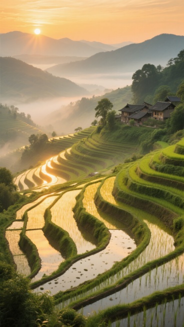 一幅展现壮丽稻田景观的自然风景画，采用高度写实的摄影风格，清晨或黄昏时分的金色阳光洒满画面，天空呈现温暖的橙黄色调，远处连绵起伏的山脉笼罩在朦胧的薄雾中，层次分明。近处是层层叠叠、线条优美的梯田，田中灌满了水，反射着阳光呈现出明亮的金黄色与翠绿的稻苗交织的色彩，田埂边缘点缀着茂密的绿色植被。左侧山坡上有几座错落有致的传统民居，周围环绕着树木，整体画面光影对比柔和，细节丰富，营造出宁静、祥和、充……预览效果