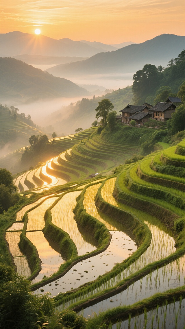 一幅展现壮丽稻田景观的自然风景画，采用高度写实的摄影风格，清晨或黄昏时分的金色阳光洒满画面，天空呈现温暖的橙黄色调，远处连绵起伏的山脉笼罩在朦胧的薄雾中，层次分明。近处是层层叠叠、线条优美的梯田，田中灌满了水，反射着阳光呈现出明亮的金黄色与翠绿的稻苗交织的色彩，田埂边缘点缀着茂密的绿色植被。左侧山坡上有几座错落有致的传统民居，周围环绕着树木，整体画面光影对比柔和，细节丰富，营造出宁静、祥和、充满生机的田园氛围，构图采用由近及远的深远视角，展现出开阔的空间感和自然的壮美。