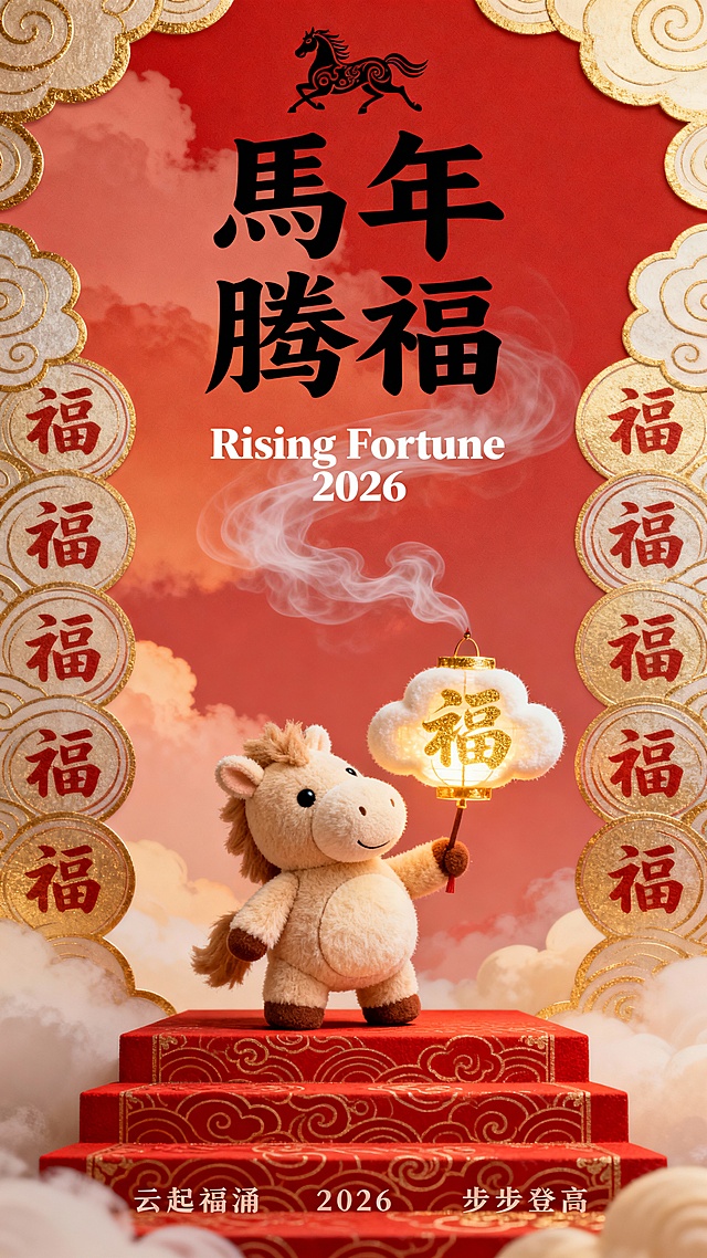 国潮风软3D卡通马手持鎏金福灯，云纹边框环绕，毛发生长质感细腻，红金配色喜庆祥瑞，寓意马年腾福、步步登高。