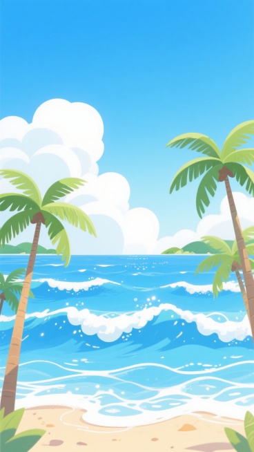夏日海滩插画，明亮清新的卡通风格，画面以蔚蓝渐变天空为背景，点缀着蓬松的白色云朵，下方是层层叠叠的蓝色海浪，浪花洁白翻涌，海水中可见阳光折射的粼粼波光，左侧和右侧前景各有几棵高大的绿色椰子树，树干挺拔，叶片舒展，远处海平面上隐约可见绿色的岛屿轮廓，整体色调以蓝、白、绿为主，光影柔和明亮，营造出宁静、惬意、充满夏日活力的氛围。预览效果