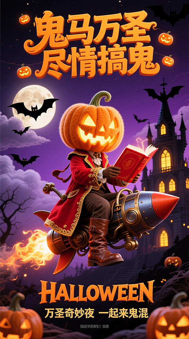 一幅 3D 卡通风格的万圣节主题竖向海报，画面采用毛绒质感的角色设计，背景为紫黑色渐变的万圣节夜晚，点缀朦胧云朵、发光的圆月，以及黑色蝙蝠剪影；背景中还矗立着亮着暖黄色灯光的哥特式城堡，增添奇幻氛围。画面主体是一个南瓜头形象（面部镂空处透出暖光，整体呈毛绒质感），身着红金色镶边的复古外套，脚蹬棕色皮靴，骑在蒸汽朋克风格的火箭上（火箭尾部喷射暖光火焰），同时手持一本封面发光的红色魔法书。顶部有立体橙黄色艺术字 “鬼马万圣 尽情搞鬼”，文字周围点缀发光的小南瓜灯；其下方搭配 “HALLOWEEN” 字样；底部配有 “万圣奇妙夜 一起来鬼混” 等文字