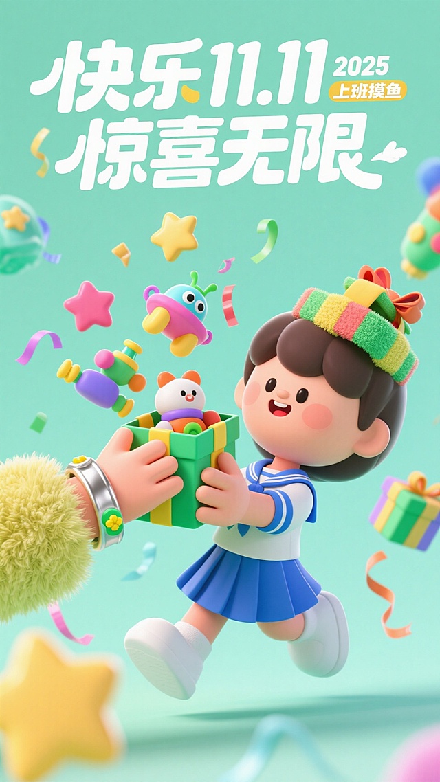 软3D粘土风卡通女孩手持礼盒，拟人化玩具跃动飞出，配色明快，充满可爱与趣味感，营造2025双十一喜庆氛围。