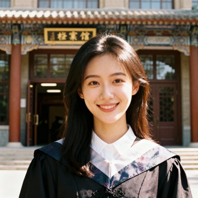 女性应届毕业生，面带微笑站在档案馆门口预览效果